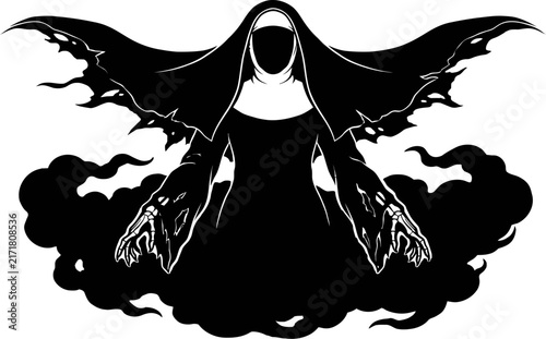 Konstfotografi Spooky nun ghost emerging from dark clouds with skeletal hands ideal for gothic horror and halloween themes