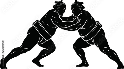 Canvas Print Sumo wrestlers silhouette fighting in black ink style for sports competition banner or martial arts emblem design