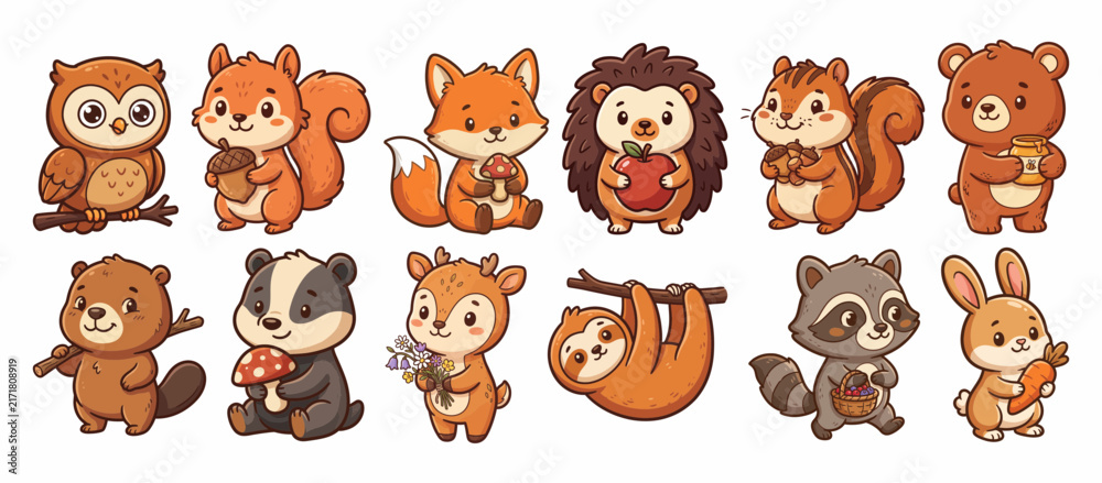 Obraz premium Cute Woodland Animals and Forest Characters, Hand Drawn Vector Illustration Collection