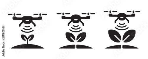 Smart agriculture drone icons scanning plant leaves for modern farming and automated technology.