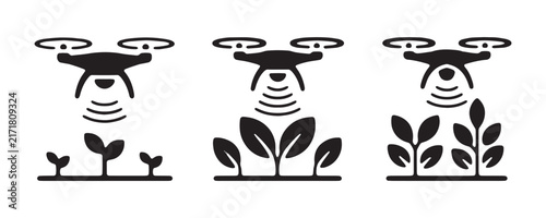 Smart farming drone icons showing black silhouettes for precision agriculture monitoring monitoring.