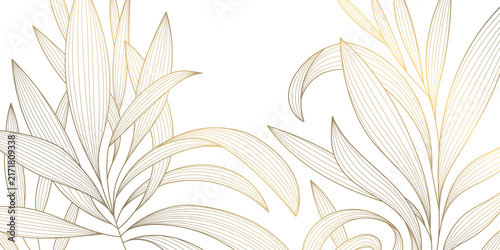 Luxury abstract botanical pattern, golden line leaves, flowers, tropical foliage, art deco style Japanese design. Vector illustration organic texture, vintage decorative ornament, textile print