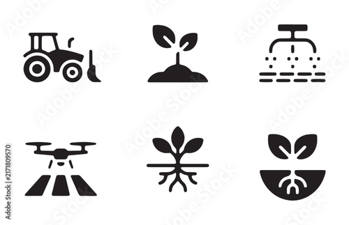 Agricultural machinery and plant growth icons representing farming tools for smart field management.