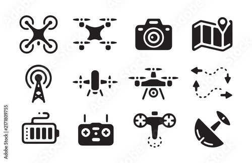 Unmanned aerial vehicle equipment icons for flight planning and remote operation of modern drones.