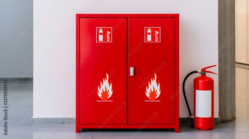 Naklejka premium Red fire safety cabinet with flame symbols and a portable extinguisher standing beside it in a clean indoor space