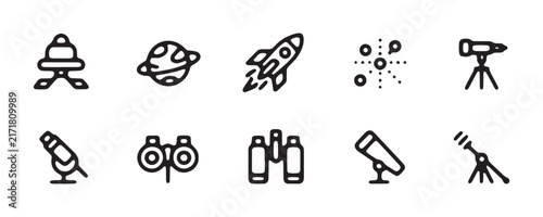 Space exploration and astronomy equipment icons including telescopes rockets and planetary orbits.