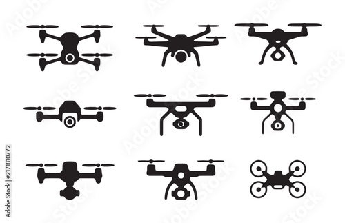 Drone outlines and silhouettes representing various models for photography and surveillance purposes.