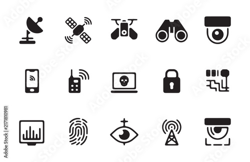 Surveillance and security icons showing satellite, drone, binoculars, and cybercrime elements.