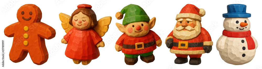 Fototapeta premium PNG Festive wooden holiday figurines lineup, transparent background