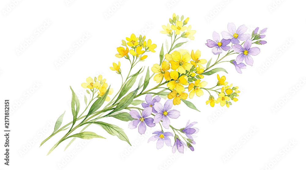 Fototapeta premium Delicate Yellow and Purple Wildflowers Hand Painted