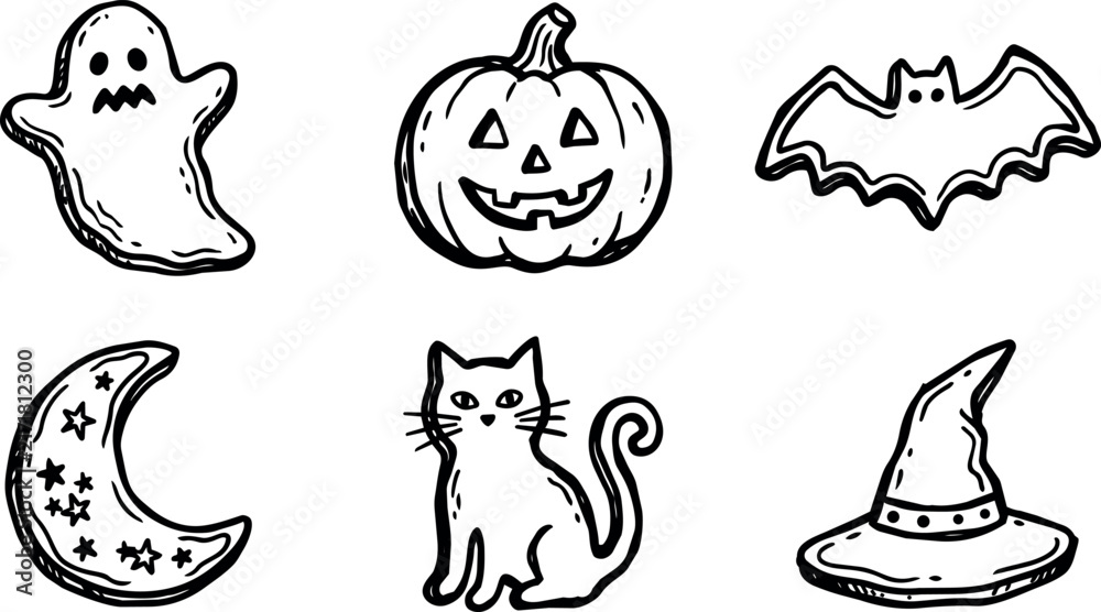 Fototapeta premium Halloween ghost pumpkin bat moon cat and witch hat naive illustration set
