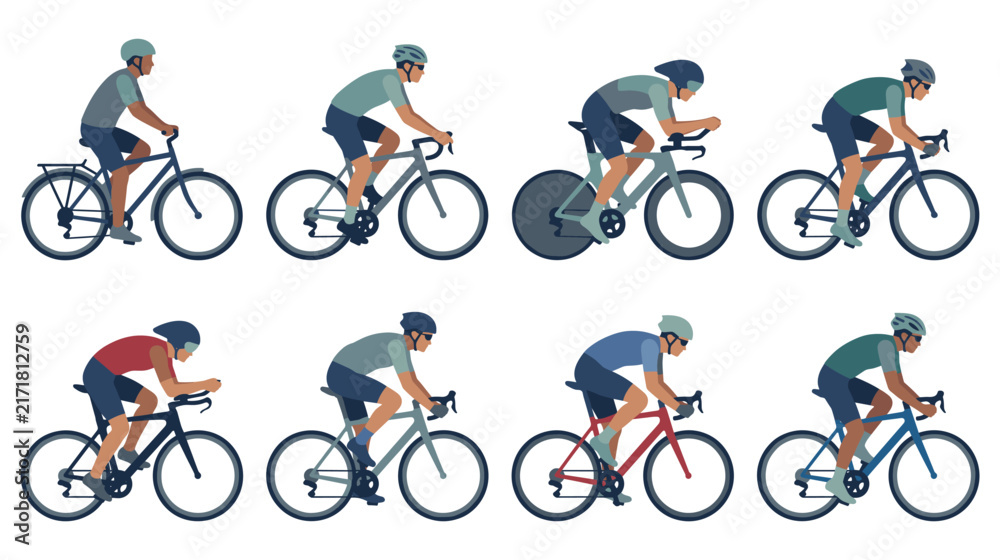 Fototapeta premium Colorful bicycle rider icons set depicting various active cyclists.