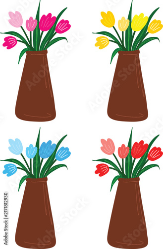 Flat Design Colorful Flowers in Vase Vector Illustration