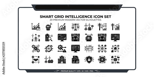 Smart Grid Intelligence and Power Distribution Vector Icon Set