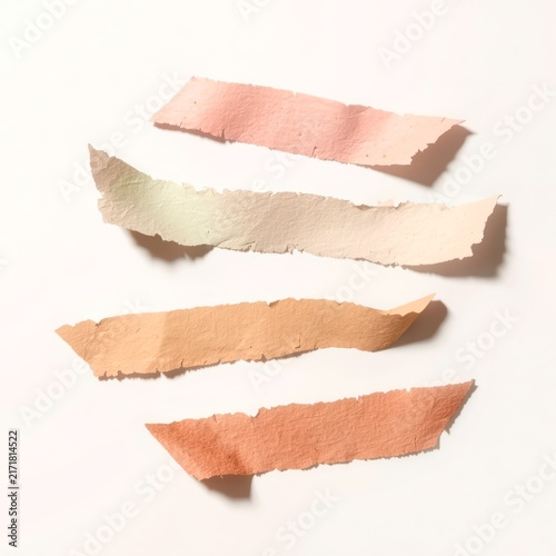 Torn paper strips in soft earth tones lie scattered