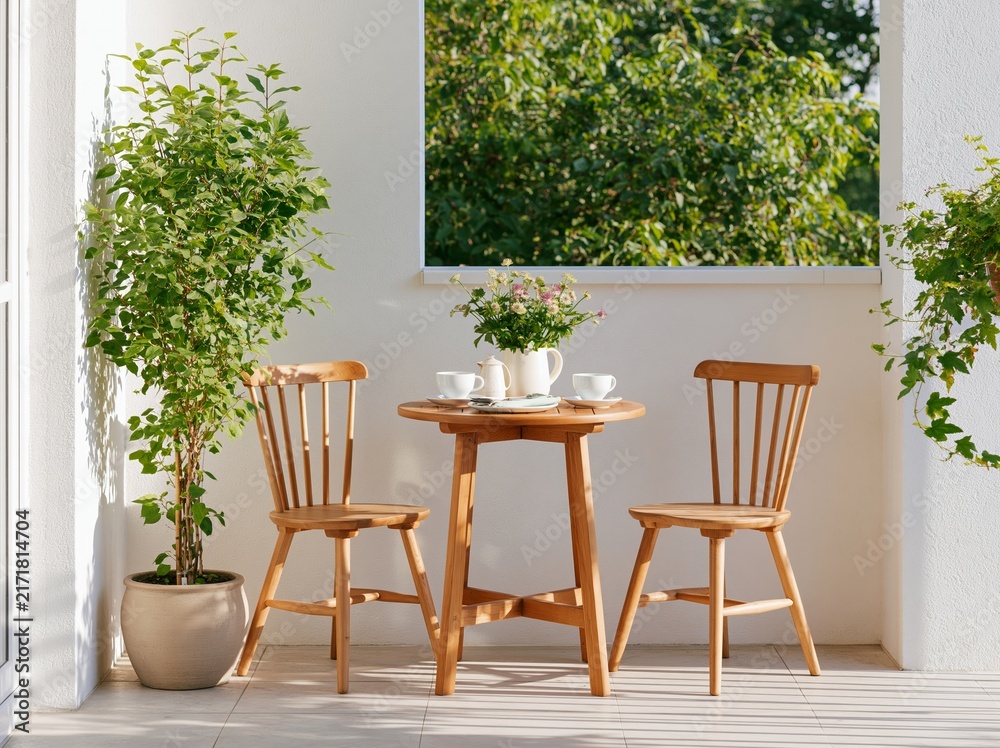 Naklejka premium Compact balcony featuring a small wooden table set for two with chairs, surrounded by greenery and natural light in a serene outdoor setting