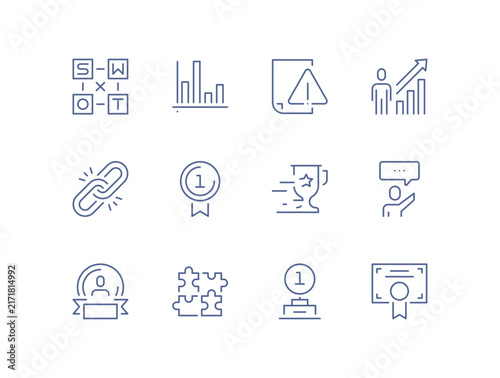 Business analytics and performance management icons set, data analysis, growth chart, financial results, achievement, business strategy, productivity, professional success flat vector illustration.