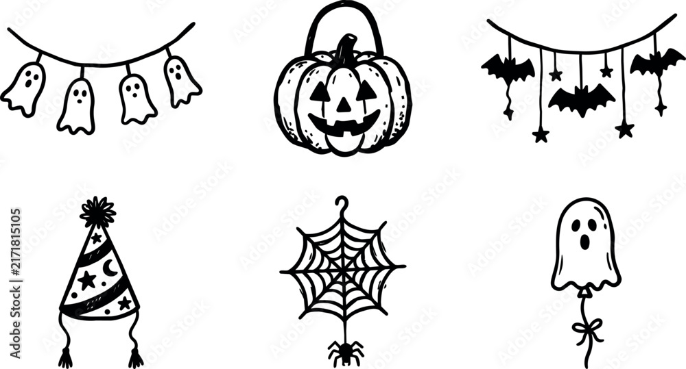 Fototapeta premium Halloween naive illustration set with ghosts pumpkins bats spiderweb and party hat motifs