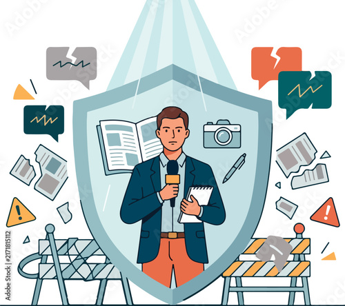 Press Freedom Illustration With Journalist And Protective Shield Symbolizing Truth