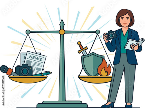 Journalist Press Freedom and Legal Protection Concept with Justice Scale Flat Vector Illustration
