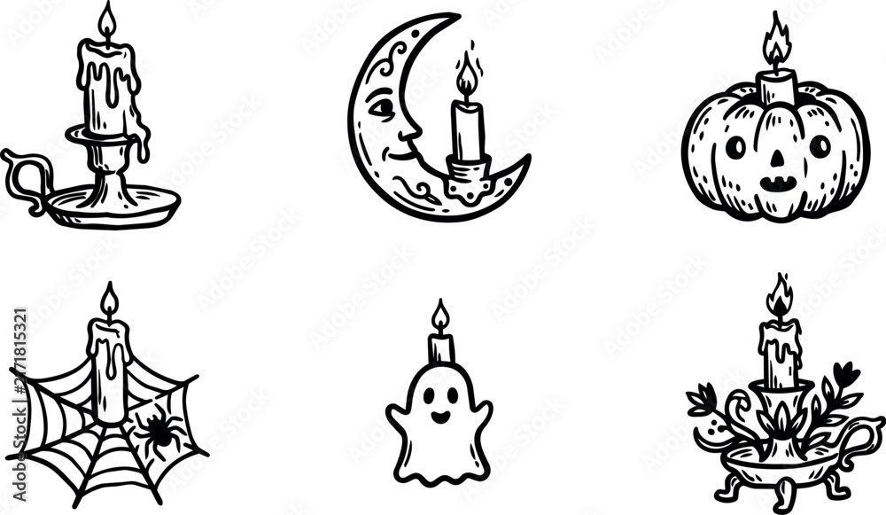 Naklejka premium Halloween candle illustration collection with pumpkin ghost moon and spiderweb motifs