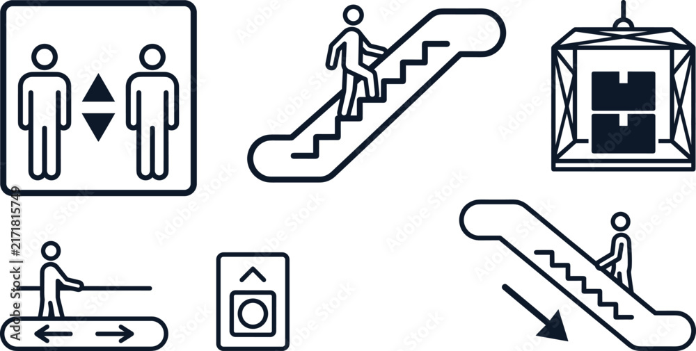 Fototapeta premium Public Navigation Line Icon Set with Elevator Escalator Moving Walkway and Cargo Freight Lift for Facility Signage Designs