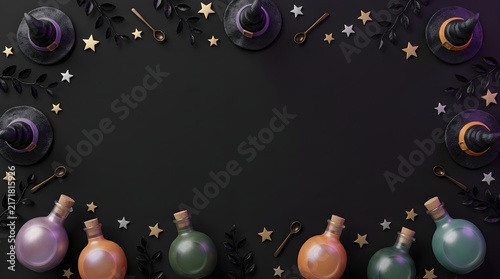 Halloween witch hat and magic potion bottle frame on black background