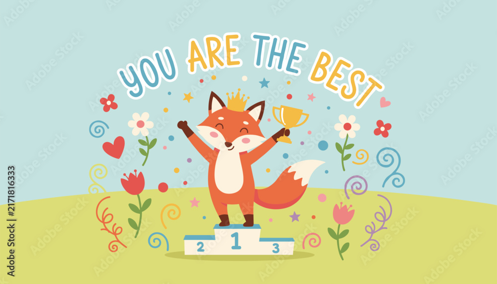 Fototapeta premium Cute little winner fox holding a gold trophy on a podium with you are the best text on a pastel green background.