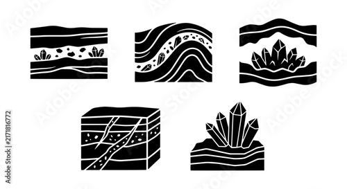 Bild auf Leinwand Geological Layers and Crystal Formations, Earth Science Vector Icons Set
