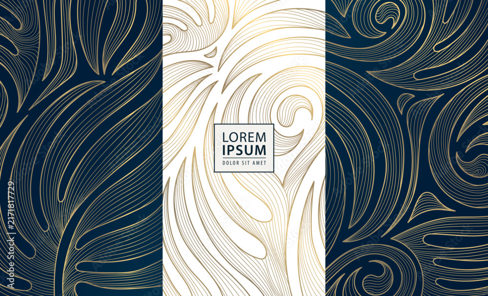 Fototapeta premium Luxury floral pattern with elegant golden line leaves, flowers, and modern art deco ornaments, Japanese design. Packaging, tea and coffee labels, perfume and beauty branding, wallpaper, cards, invitat
