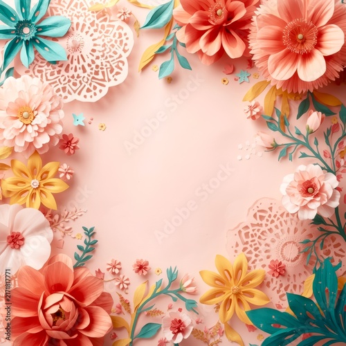 Colorful paper flowers frame a clean, white space