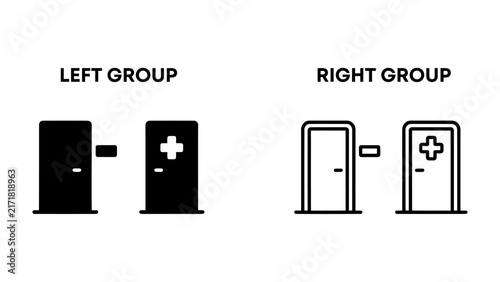 Obraz na płótnie Comparison Between Two Groups: A visual comparison shows two groups, each with a door and a medical cross icon, representing different choices or outcomes