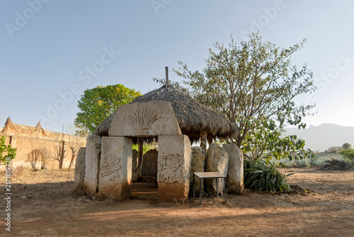 Canvas Print Stone shrine dedicated to Mayahuel surrounded by agave fields in Jalisco Mexico