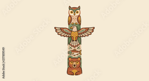 Native American Totem Pole with Owl, Eagle, Fish, and Bear