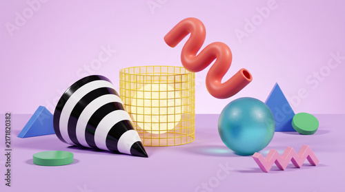 Naklejka Abstract 3D Memphis Retro Style Background with Playful Shapes