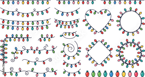 Christmas lights garland vector set with heart circle frames and festive string light borders for holiday decoration