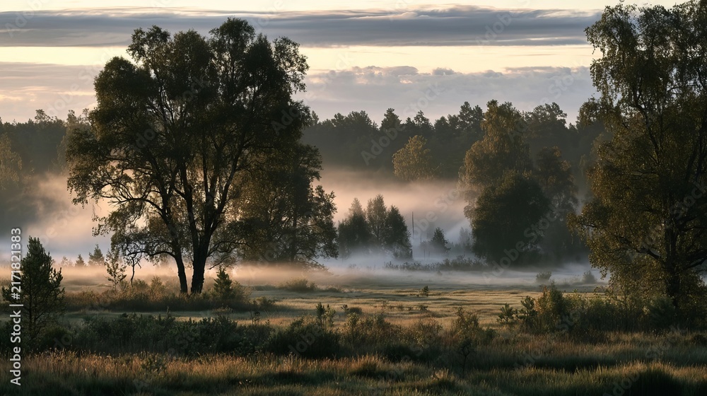 Fototapeta premium A Cinematic Autumn Landscape with Thick Morning Fog Over an Open Green Field and Deciduous Trees