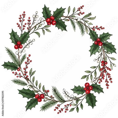 Christmas Holiday Wreath with Holly and Red Berries Vector Illustration