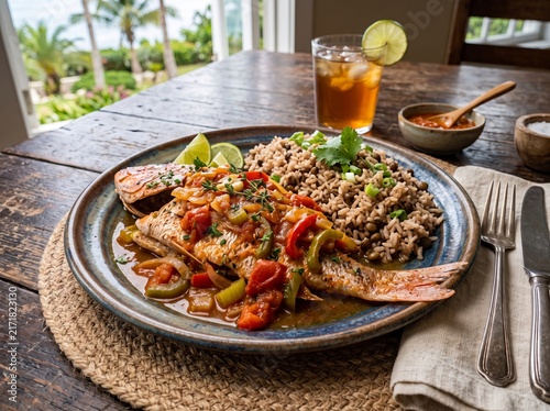 Bahamian steamed fish with rice and peas, served with iced tea on a rustic wooden dining table