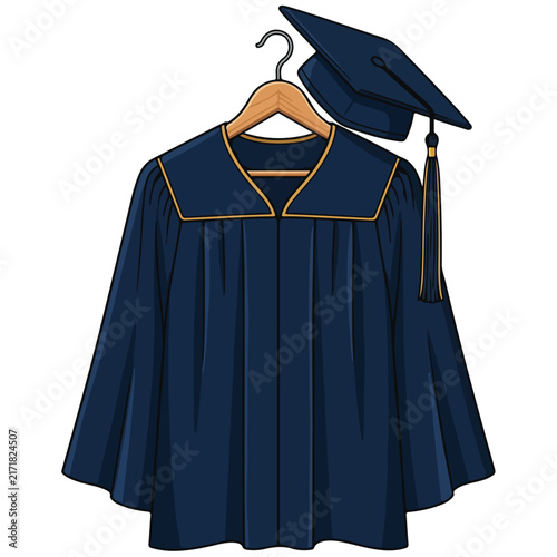 Navy Blue Graduation Gown and Cap on Wooden Hanger Vector Illustration