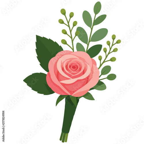 Pink Rose Boutonniere with Green Foliage Vector Graphic