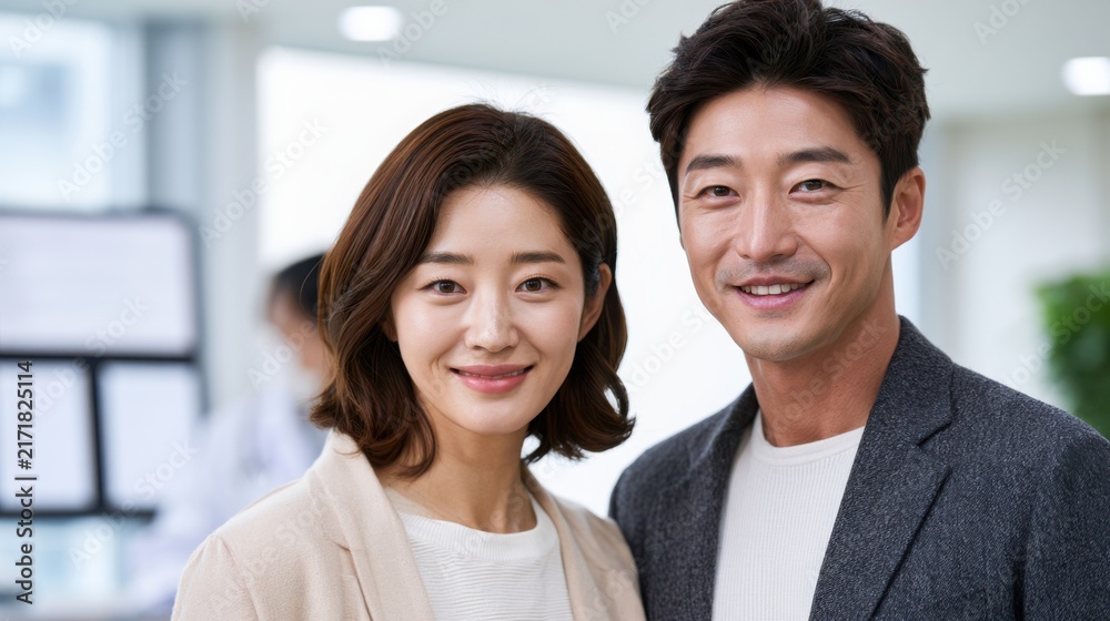 Obraz premium Korean couple smiling together in a modern indoor setting, dressed in casual attire, with soft lighting and blurred background elements suggesting a professional environment