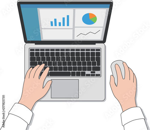 パソコンでデータ分析を行う手元のフラットイラスト