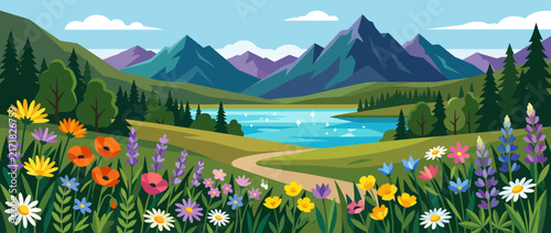 Colorful wildflowers blooming in mountain valley landscape.