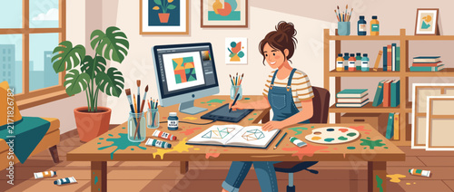 Young female artist working on digital illustration in a cozy home studio.
