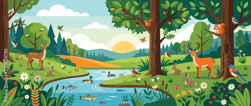Vibrant cartoon landscape illustration featuring a peaceful forest river with deer and wildlife.