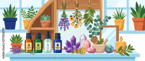 Colorful essential oils crystals and potted plants on shelf.