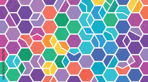 A vibrant mosaic of colorful hexagonal shapes creating an abstract background