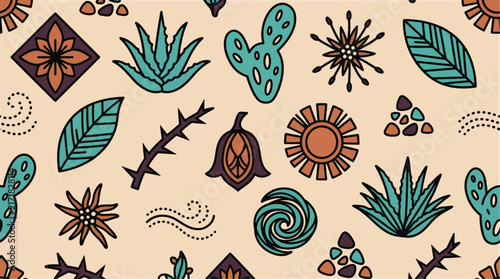Boho seamless pattern with desert cactus botanical leaves and ethnic elements
