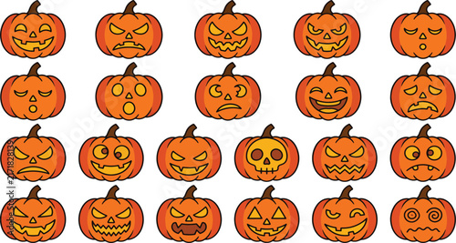 Set of halloween pumpkin icons with different face emotions